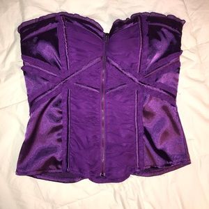 BEBE purple satin Ruffle Corset Strapless Shirt
